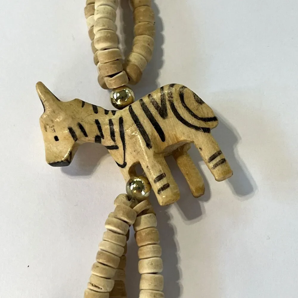 VTG Zebra Necklace Bovine Bone Hand-Carved Painted Safari Beaded Multi-Strand